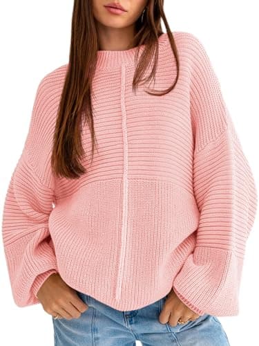 Langwyqu Women's Oversized Crew Neck Long Sleeve Knitted Pullover Tops