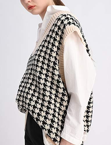Oversized Houndstooth Knitted Vest Sweater for Vintage V-Neck Loose Sleeveless Sweater