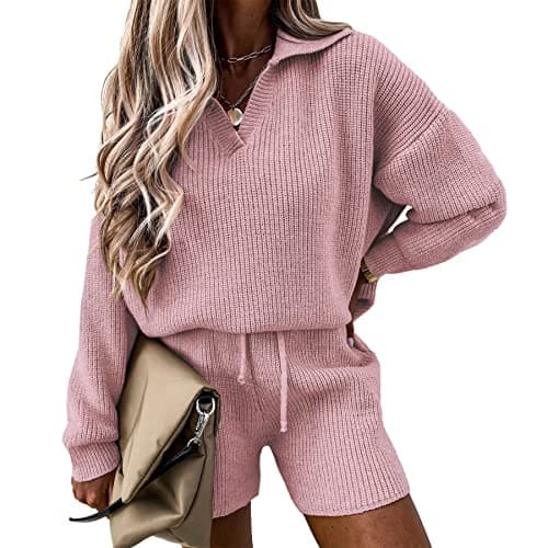 PRETTYGARDEN Women's 2-Piece Knit Pullover Sweater and Shorts Tracksuit Set