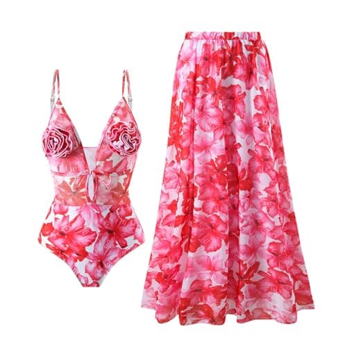Cethrio Plus Size Vintage Printed Bodystyle Swimwear with Sarong Wrap Skirt