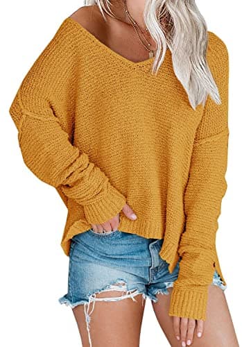 LAICIGO Women's Oversized Off-Shoulder Knit Sweater V-Neck Loose Pullover Tops