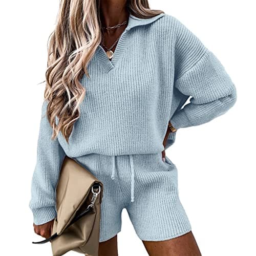 PRETTYGARDEN Women's 2-Piece Knit Pullover Sweater and Shorts Tracksuit Set