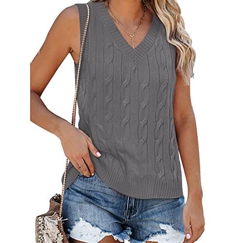 Fisoew Women's Vintage Knitted V-Neck Sleeveless Casual Vest