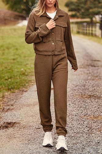 PRETTYGARDEN Women's 2025 Winter Tracksuit Long Sleeve Shacket Casual Set