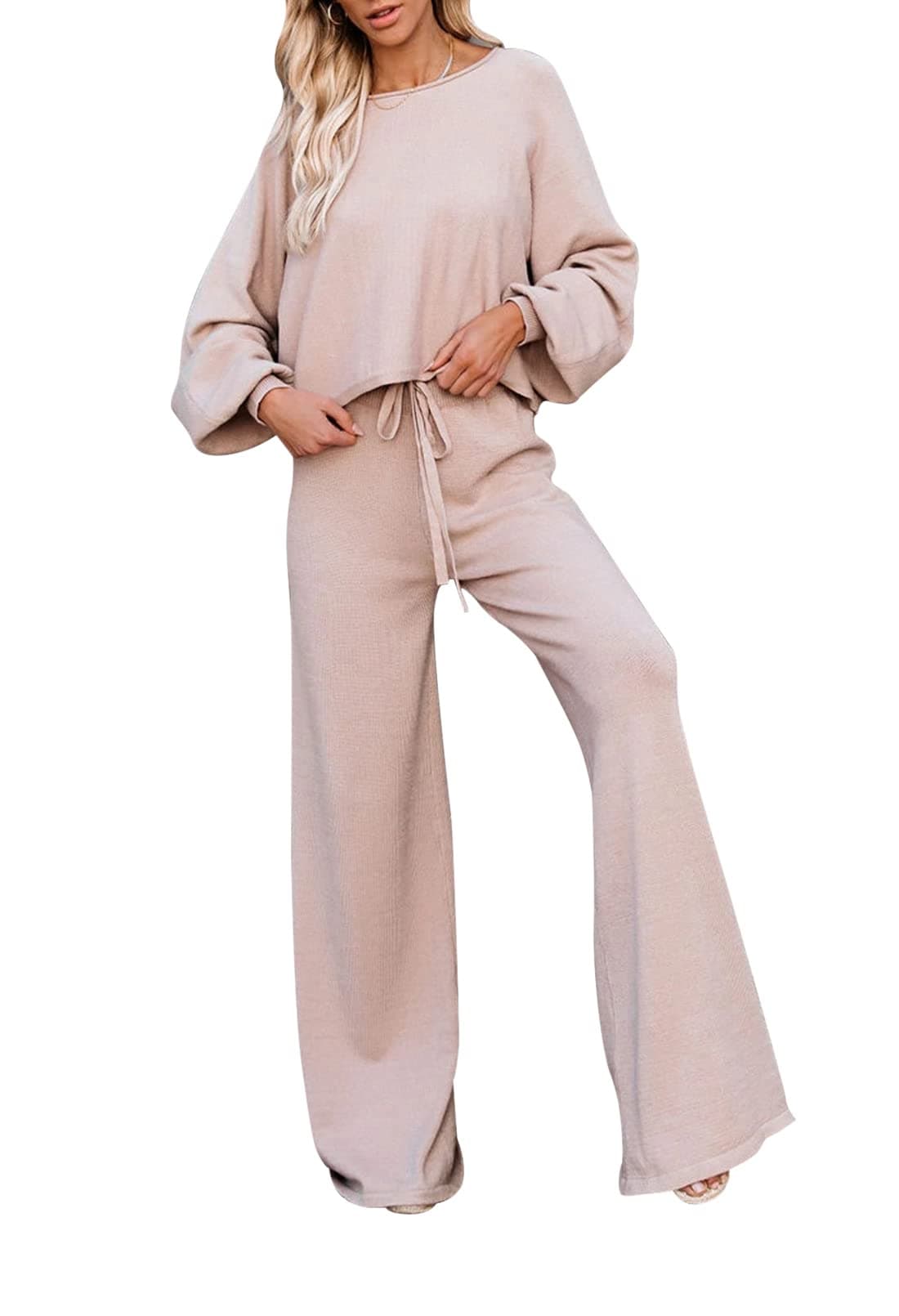 Apricot XL Women's 2-Piece Lounge Set with Long Sleeve Sweater and Wide Leg Pants