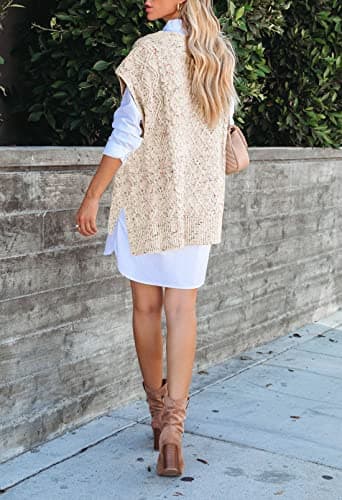 Viottiset Women's Oversized V-Neck Cable Knit Sweater Vest - Apricot XL