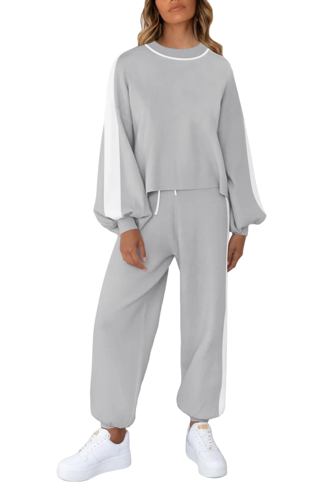 Viottiset Women's 2-Piece Color Block Knit Pullover Sweater Pajama Set