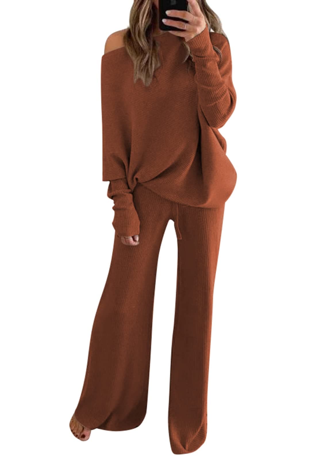 Linsery Women's One-Shoulder Knit Sweater & Wide Leg Pants Set