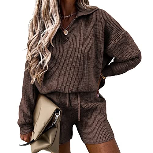PRETTYGARDEN Women's 2-Piece Knit Pullover Sweater and Shorts Tracksuit Set