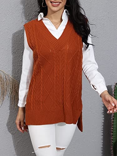 BWQ Women's Oversized Plaid V-Neck Cable Knit Sweater Tank Top