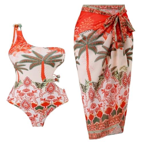 Cethrio Plus Size Vintage Printed Bodystyle Swimwear with Sarong Wrap Skirt