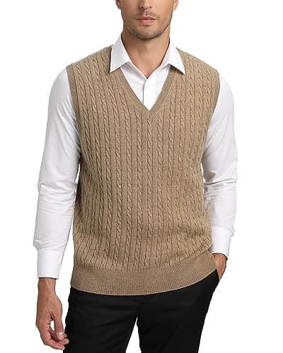 Kallspin Men's Wool Blended Cable Knit V-Neck Sweater Vest