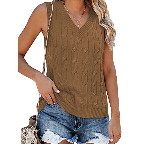 Fisoew Women's Vintage Knitted V-Neck Sleeveless Casual Vest