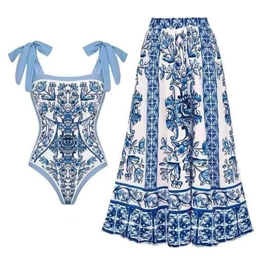 Cethrio Plus Size Vintage Printed Bodystyle Swimwear with Sarong Wrap Skirt