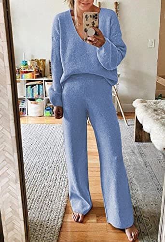 Women's 2-Piece V Neck Sweater Set with Wide Leg Pants in Blue