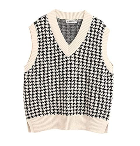 Oversized Houndstooth Knitted Vest Sweater for Vintage V-Neck Loose Sleeveless Sweater