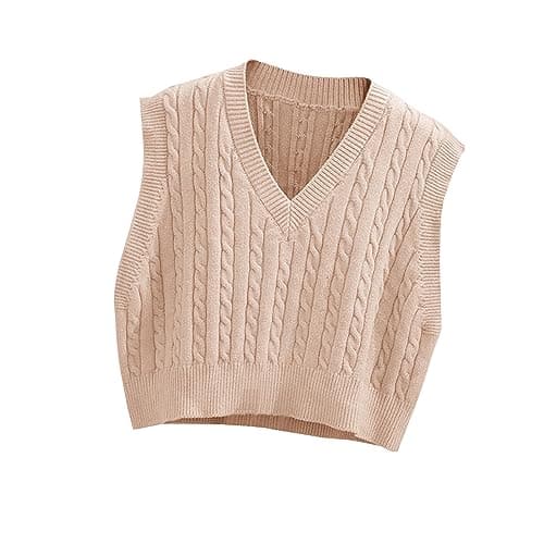 Lailezou Women's Solid Color Argyle Knit V-Neck Sleeveless Crop Vest