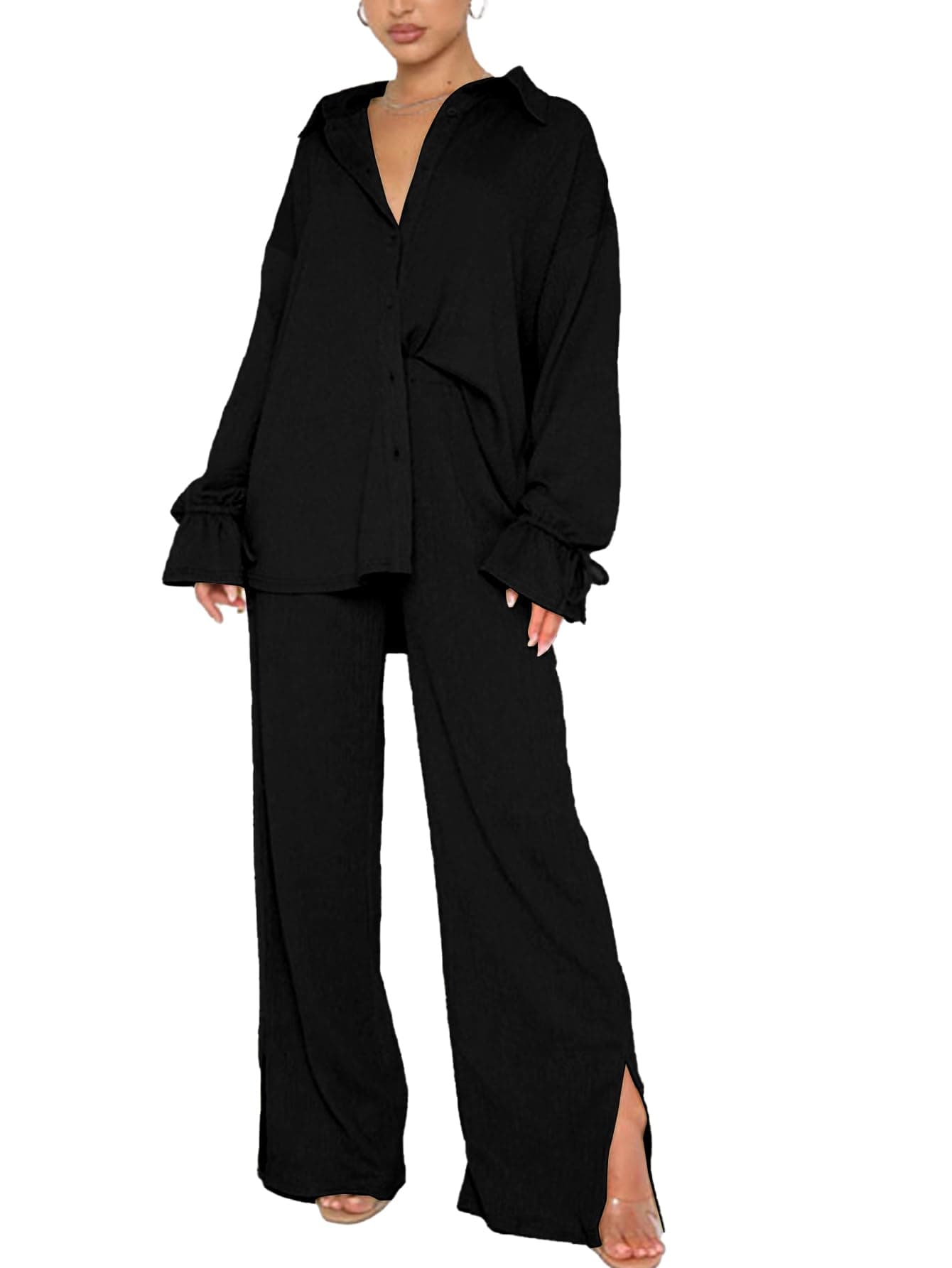 LYANER Women's Button Down Long Sleeve Shirt & Wide Leg Pants Set
