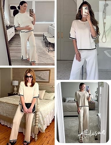 Athlisan Women's Knit Sweater Set with Wide Leg Pants