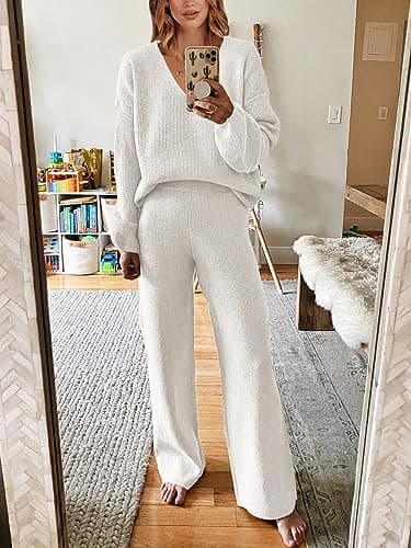 ANRABESS Women's Long Sleeve Cable Knit Outfit with Wide Leg Pants
