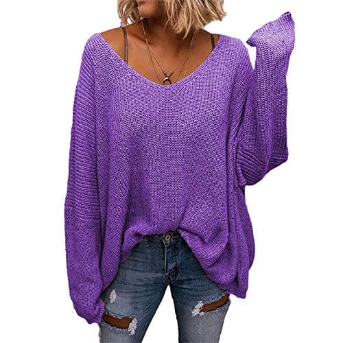 BZB Women's V-Neck Loose Oversized Long Sleeve Knit Sweater Top
