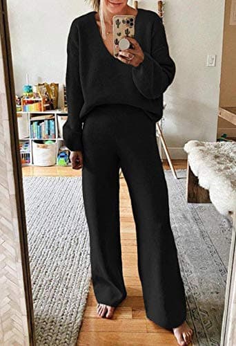 Fixmatti Women's 2-Piece Long Sleeve Knit Sweater Set Wideleg Pants Outfit