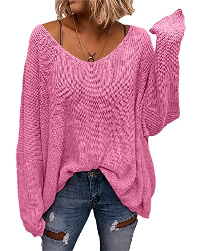 BZB Women's V-Neck Loose Oversized Long Sleeve Knit Sweater Top
