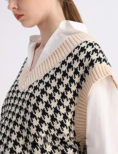 Oversized Houndstooth Knitted Vest Sweater for Vintage V-Neck Loose Sleeveless Sweater