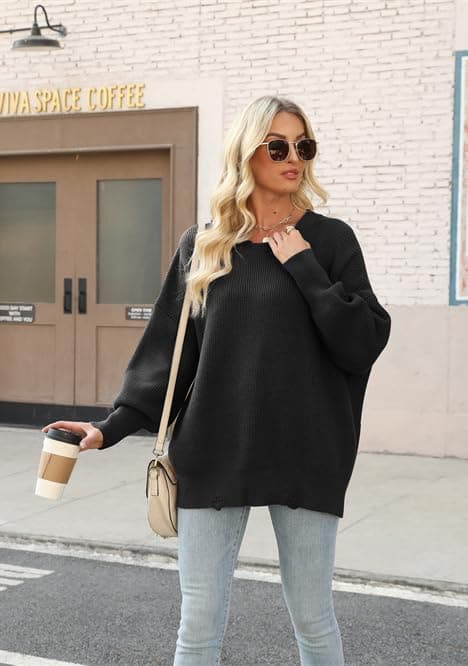 Liuerfeng 2024 Women's Fall Fashion Oversized Ripped Crewneck Pullover Sweater