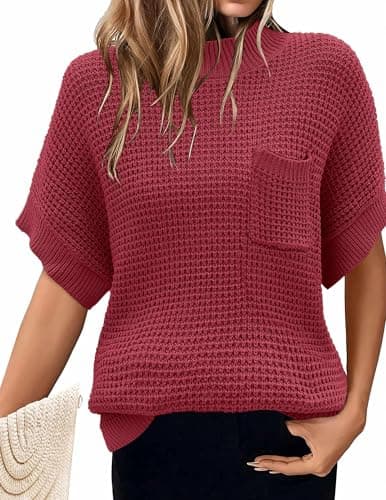 Zeagoo 2024 Women's Oversized Ribbed Knit Sweater Vest - Mock Neck, Batwing Short Sleeve, Fall Pullover (S-XXL)