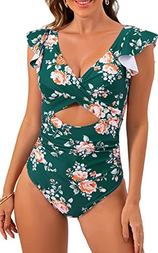 B2prity Women's Slimming V-Neck One Piece Swimwear with Ruffle Cutout
