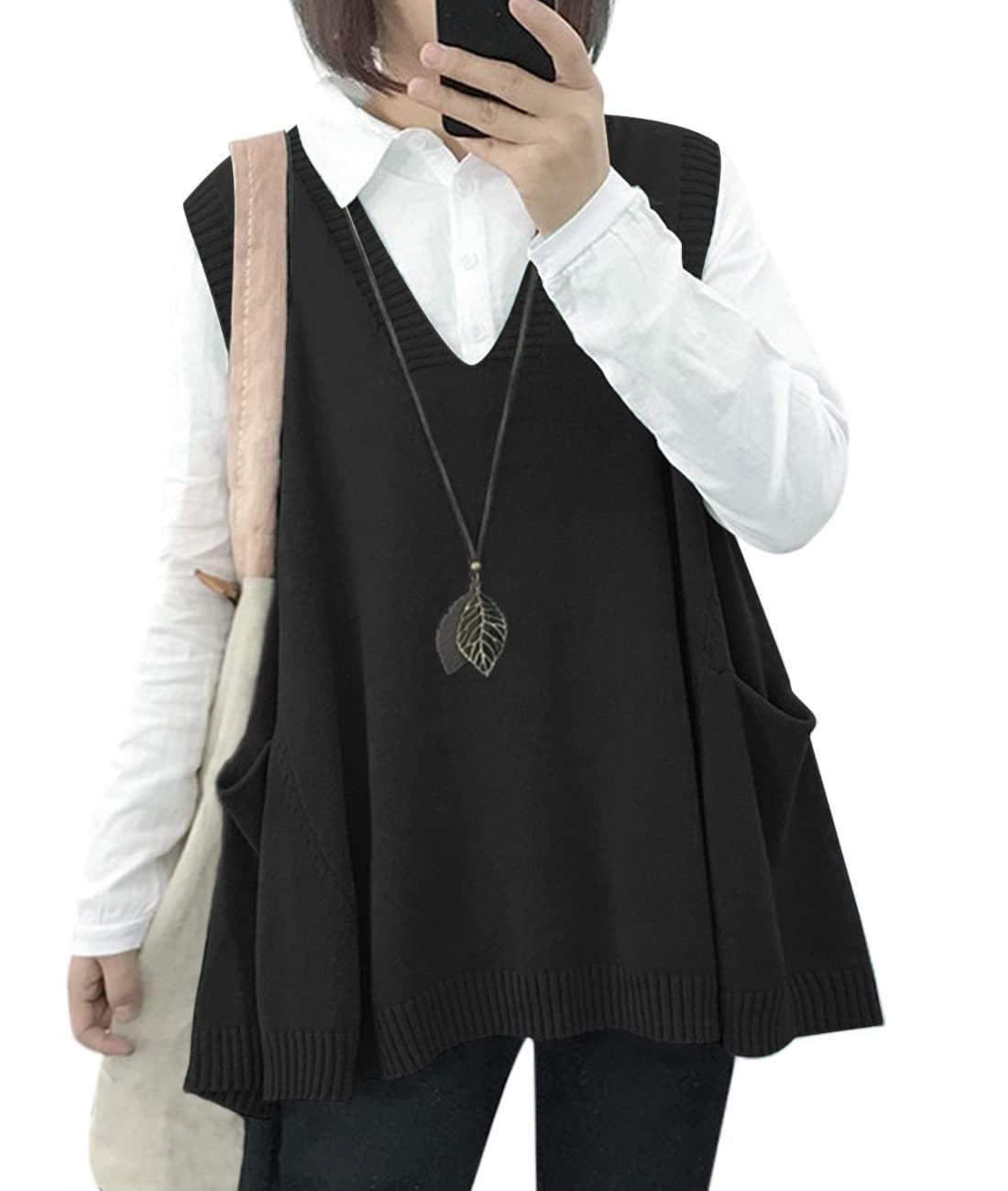 Oversized Cotton Knit Sweater Vest for Women with Drop Pockets