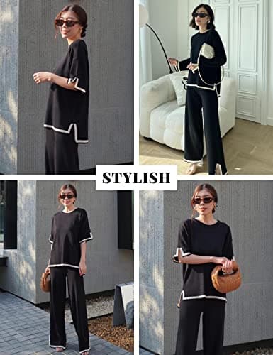 Faleave Women's Short Sleeve Knit Sweater & Elastic Waist Wide Leg Pants Lounge Set