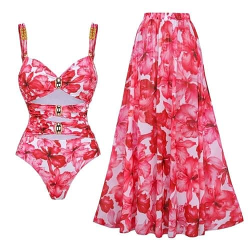 Cethrio Plus Size Vintage Printed Bodystyle Swimwear with Sarong Wrap Skirt