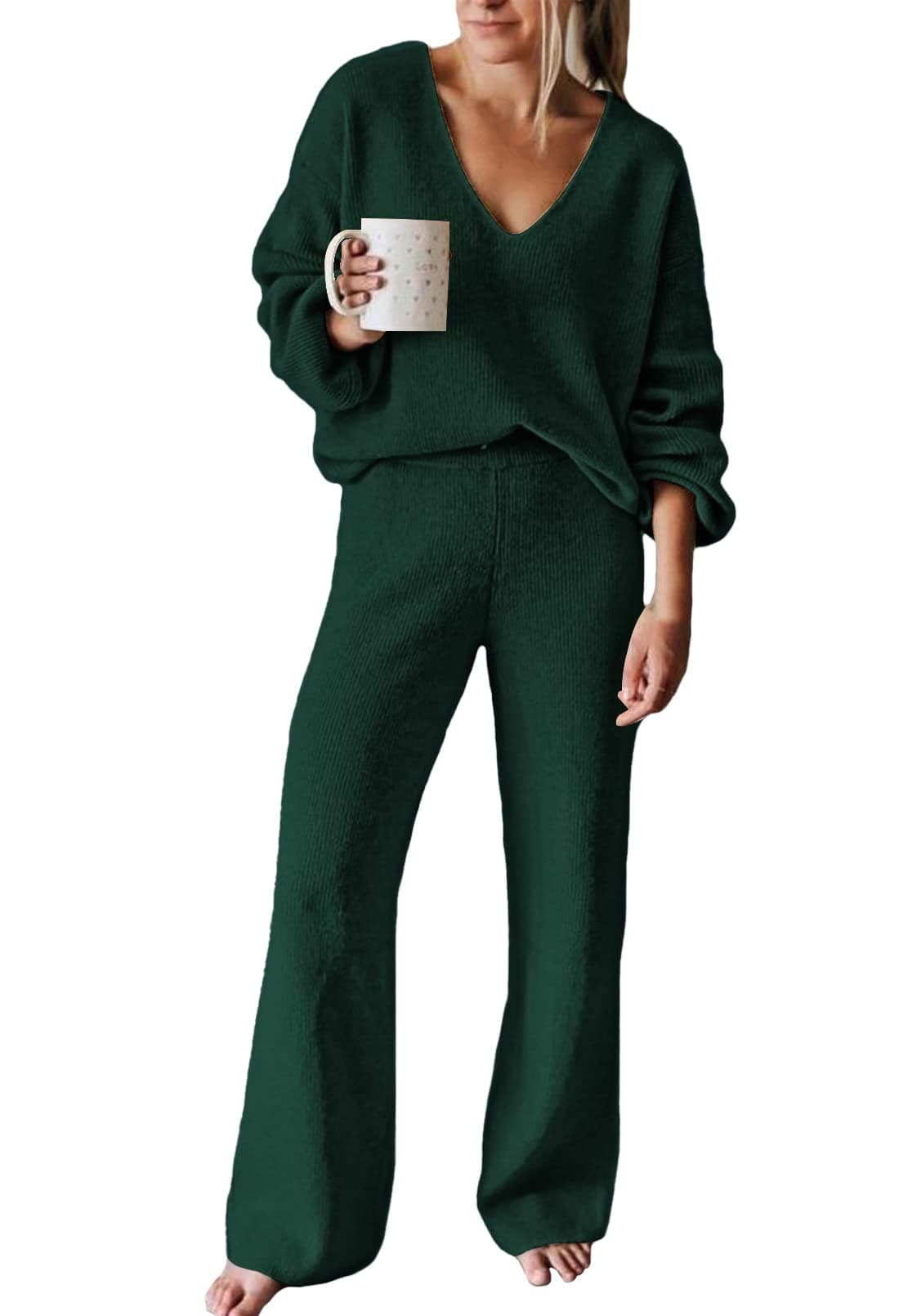 Women's Casual V-neck Knit Sweater and Wide Leg Pants Set