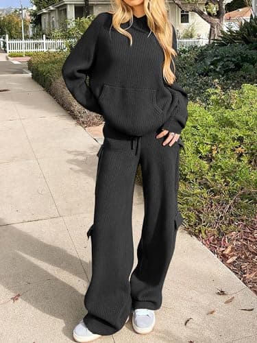 ANRABESS Women's Hooded Knit Sweater & Straight Leg Pants Fall Travel Outfit