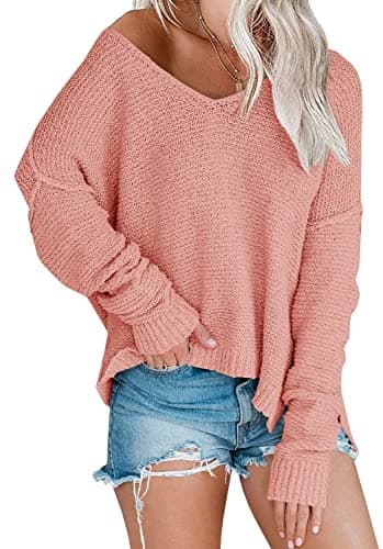 LAICIGO Women's Oversized Off-Shoulder Knit Sweater V-Neck Loose Pullover Tops