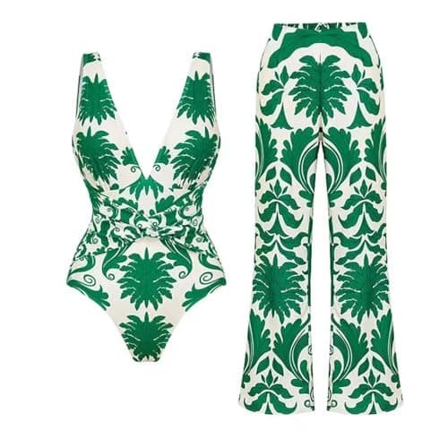 Cethrio Plus Size Vintage Printed Bodystyle Swimwear with Sarong Wrap Skirt