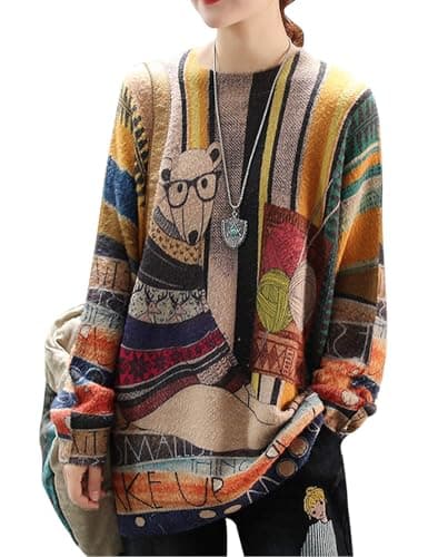 YESNO Women's Oversized Christmas Sweater with Graphic Print Casual Loose Knit Top S01