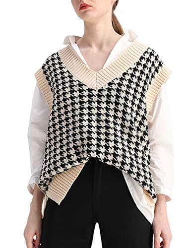 Oversized Houndstooth Knitted Vest Sweater for Vintage V-Neck Loose Sleeveless Sweater
