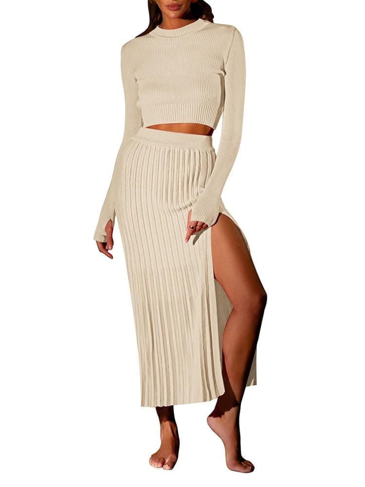 Pink Queen Women's 2-Piece Long Sleeve Crop Top & Ribbed Midi Skirt Knit Dress Set