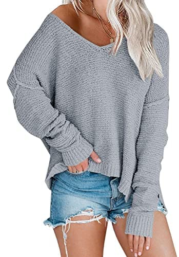 LAICIGO Women's Oversized Off-Shoulder Knit Sweater V-Neck Loose Pullover Tops