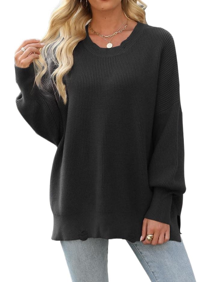 Liuerfeng 2024 Women's Fall Fashion Oversized Ripped Crewneck Pullover Sweater