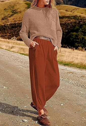 Pink Queen Women's 2024 Fall Knit Sweater Set with High Waisted Pants