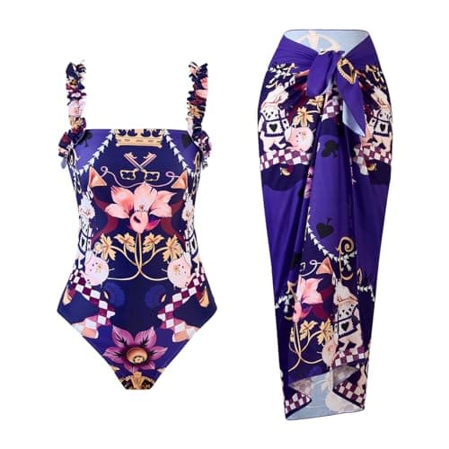 Cethrio Plus Size Vintage Printed Bodystyle Swimwear with Sarong Wrap Skirt