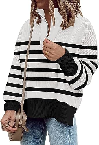 SAUKOLE Women's Oversized Zip-Up Striped Sweatshirt with Batwing Sleeves