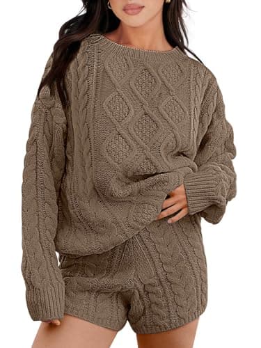 ANRABESS Women Cable Knit Oversized Sweater and Matching Short Pants Set