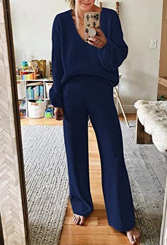 Viottiset Women's Dark Blue V-Neck Sweater & Wide Leg Pants Lounge Set