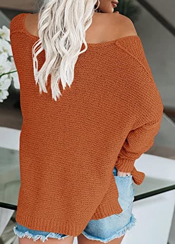 LAICIGO Women's Oversized Off-Shoulder Knit Sweater V-Neck Loose Pullover Tops