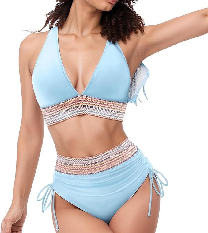 High-Waisted Tummy Control Color Block Bikini Sets Summer Swimwear